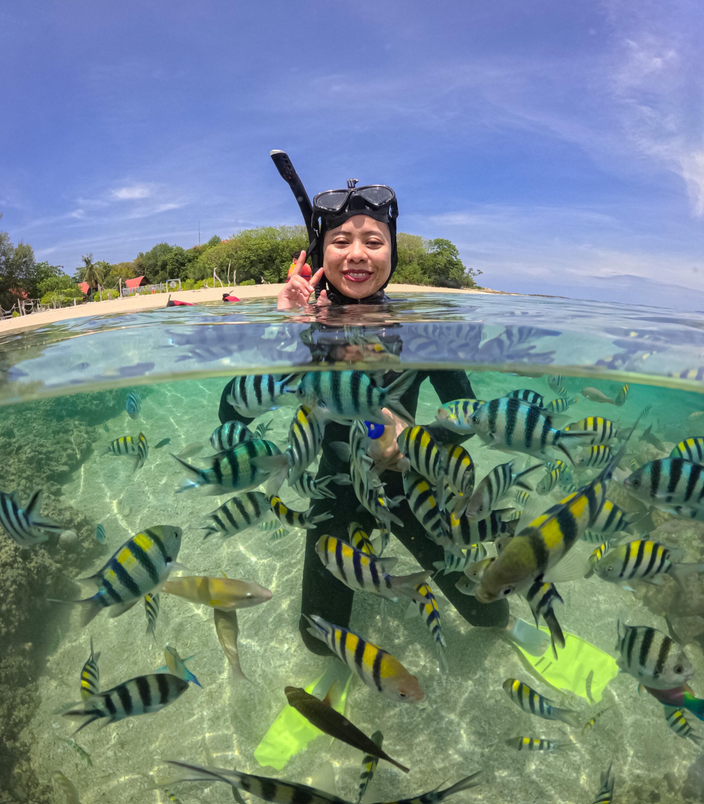 Wisatawan snorkeling di perairan jernih Gili Nanggu dengan ikan warna-warni dan terumbu karang terlihat jelas di bawah permukaan laut.
